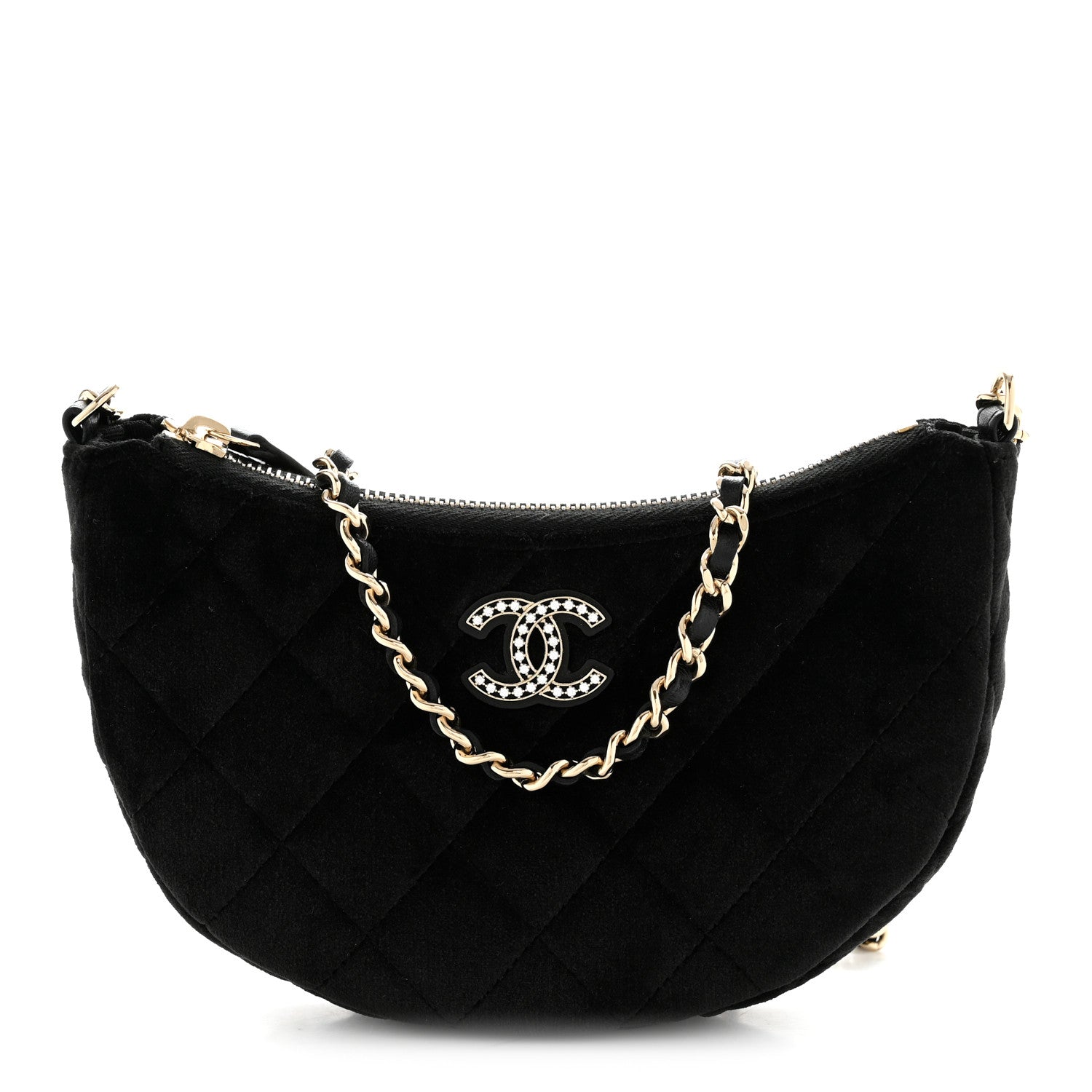 Velvet Crystal Quilted Chain Hobo Black