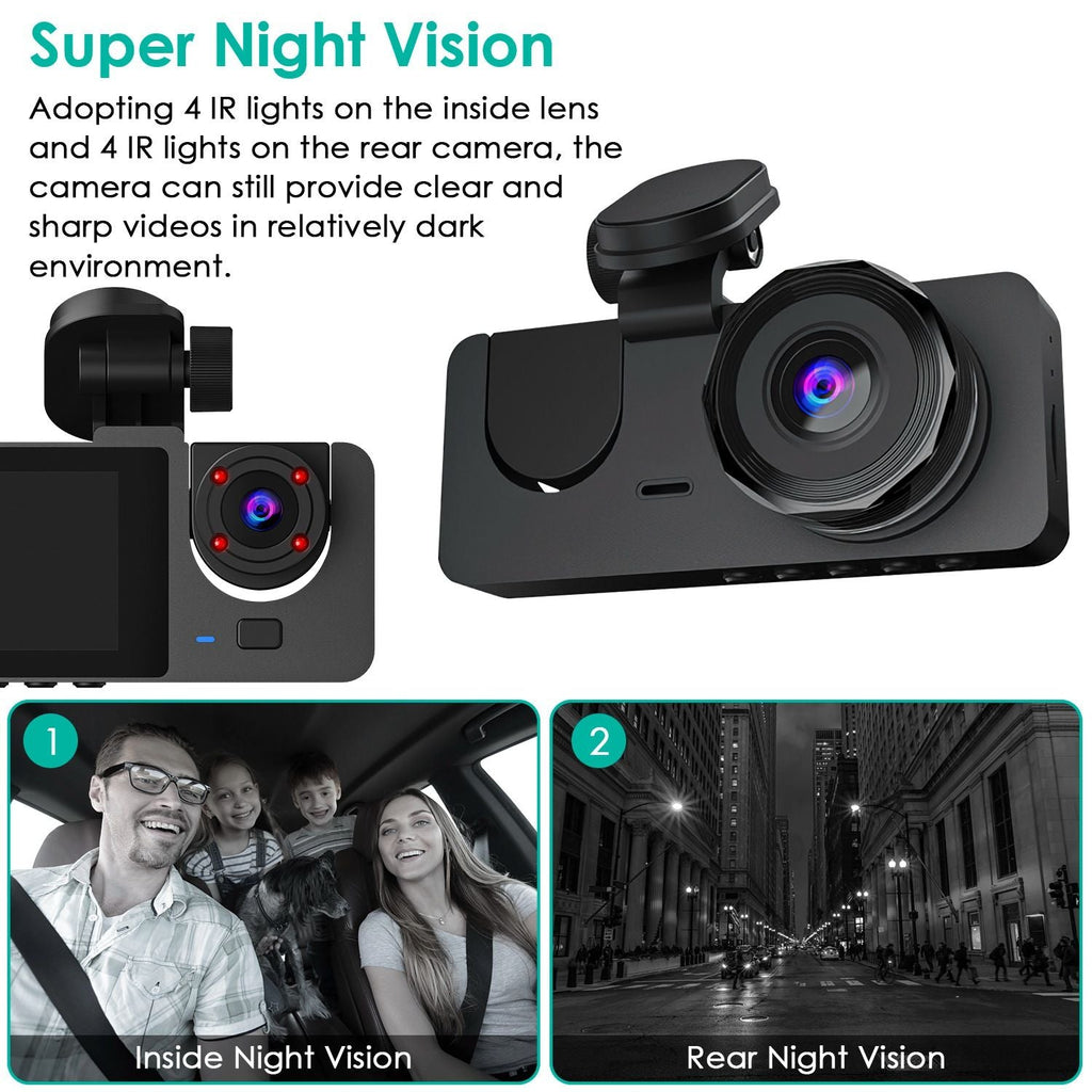 3 Channel Dash Cam Front Inside Rear Vehicle Driving Recorder Car DVR with 32G MMC Card G Sensor Motion Detection Parking Monitor Night Vision Loop Recording