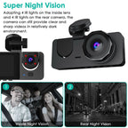 3 Channel Dash Cam Front Inside Rear Vehicle Driving Recorder Car DVR with 32G MMC Card G Sensor Motion Detection Parking Monitor Night Vision Loop Recording