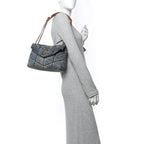 Denim Quilted Small Loulou Puffer Monogram Chain Satchel Blue Cinnamon