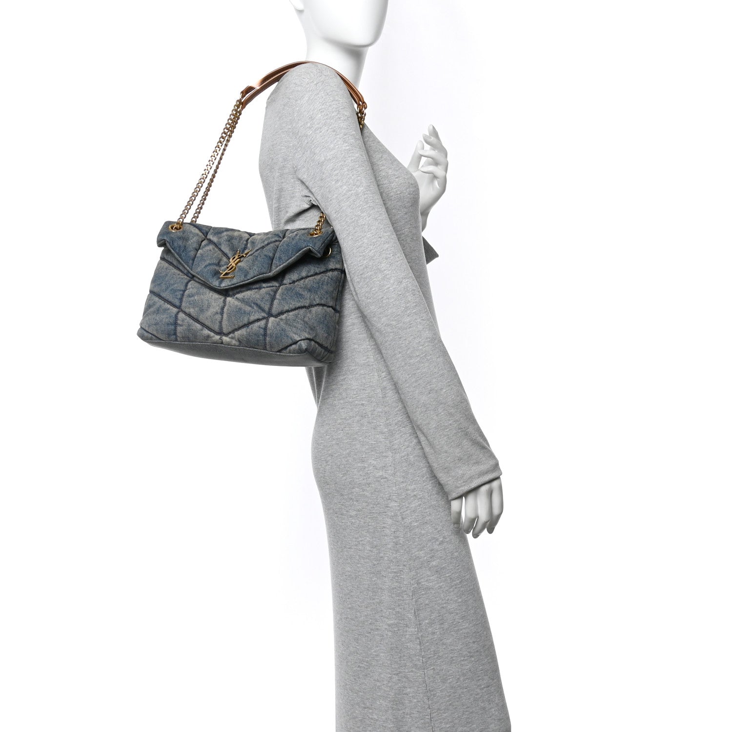Denim Quilted Small Loulou Puffer Monogram Chain Satchel Blue Cinnamon