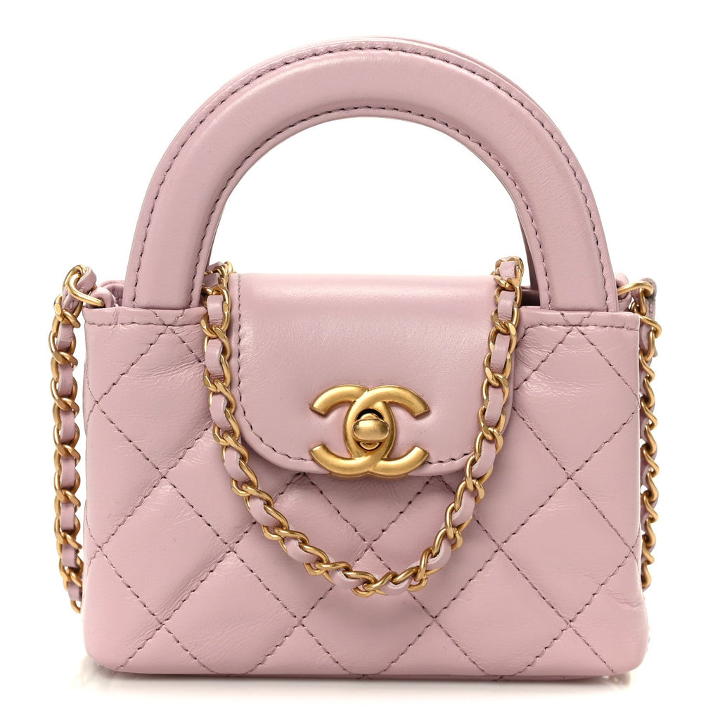 Shiny Aged Calfskin Quilted Mini Nano Kelly Shopper Light Pink