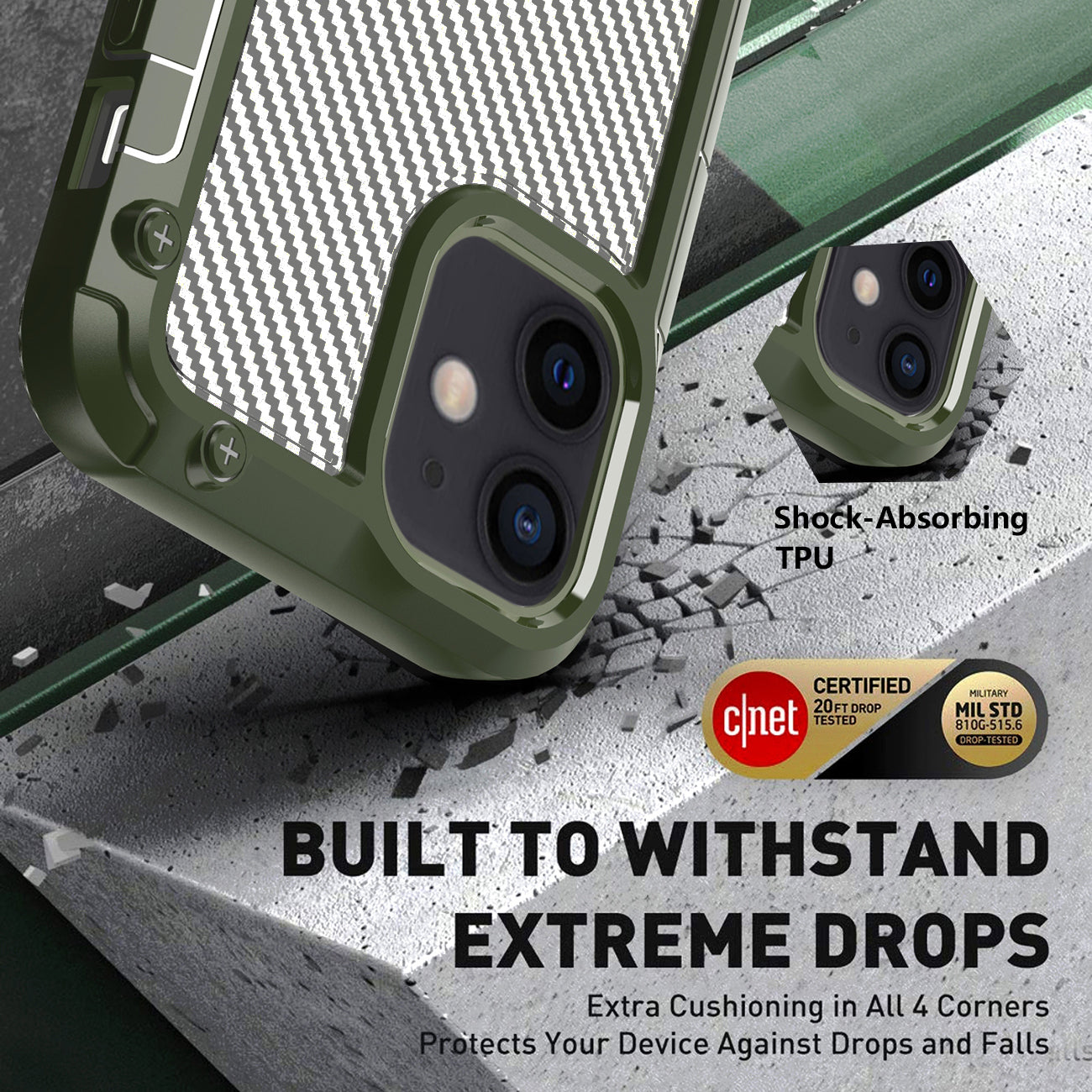 Reiko Shockproof Pc Bumper Case With Carbon Fiber Pattern In Green For Iphone 12 Mini