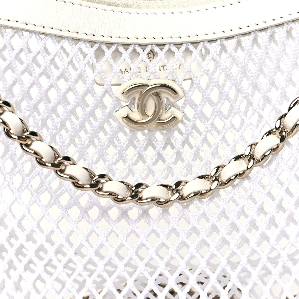 Mesh Shiny Lambskin Chain Hobo White