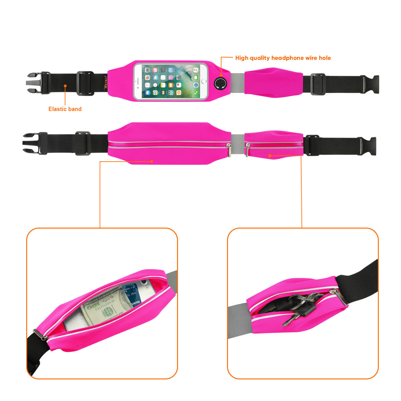 Reiko Running Sport Belt For Iphone 7 Plus/ 6S Plus Or 5.5 Inches Device With Two Pockets In Pink (5.5X5.5 Inches)