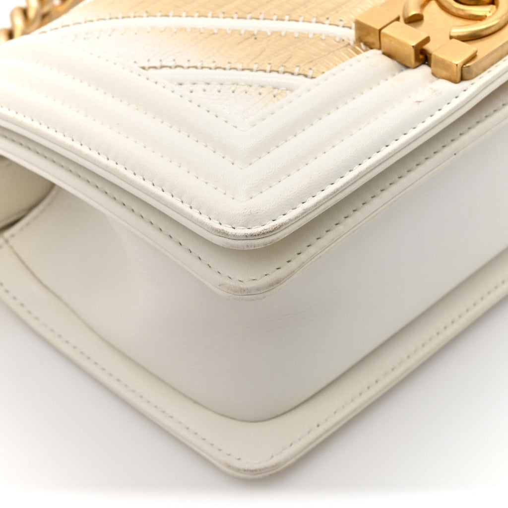 Lizard Chevron Small Boy Flap White Gold