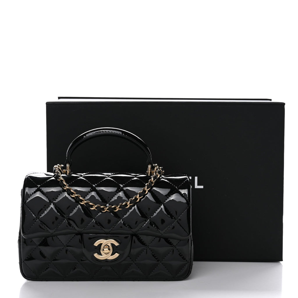 Patent Quilted Mini Top Handle Rectangular Flap Black