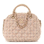 Cotton Wool Tweed Sequin Quilted Shiny Coco Clutch With Chain Light Pink Beige Ecru