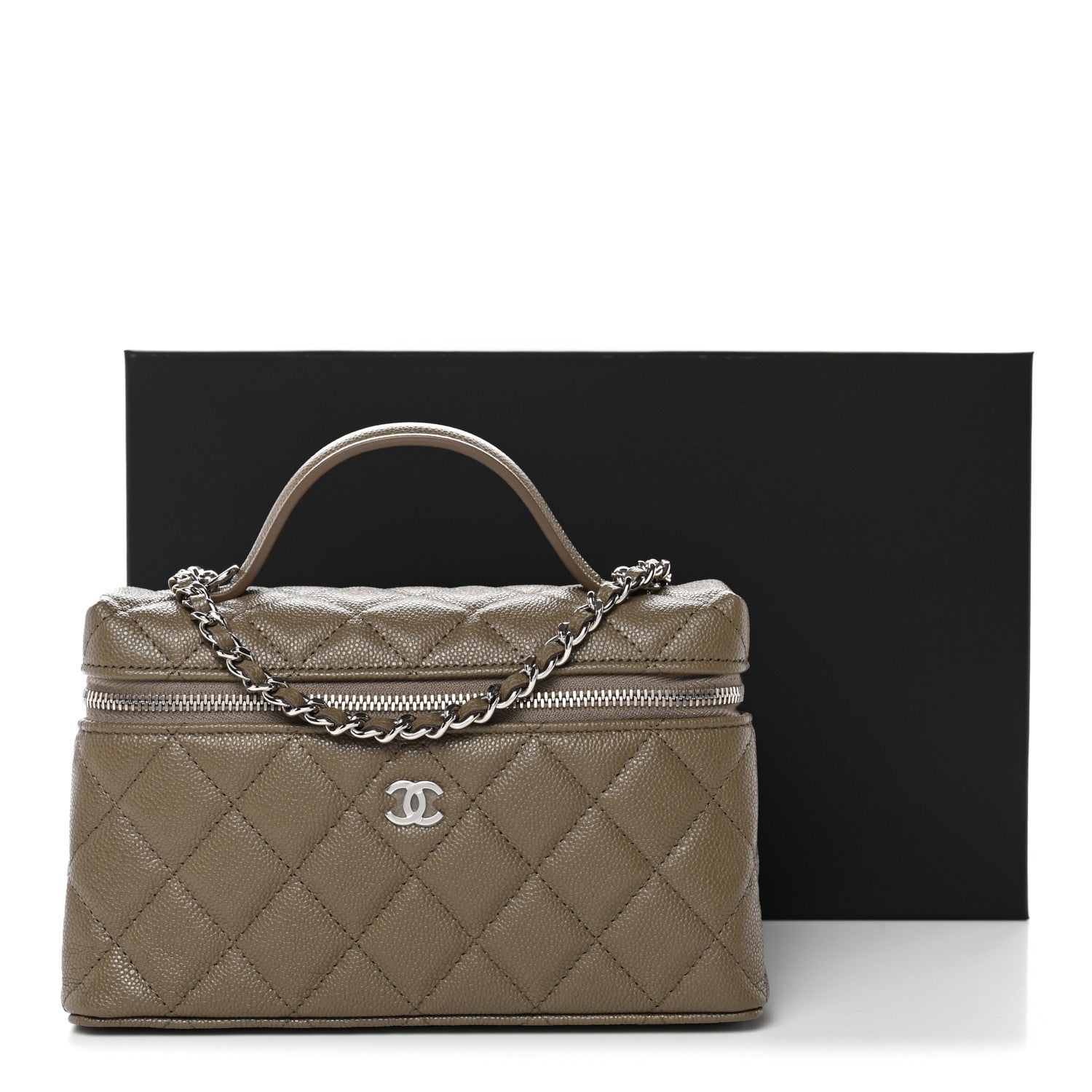 Caviar Quilted Top Handle Slim Vanity With Chain Dark Khaki
