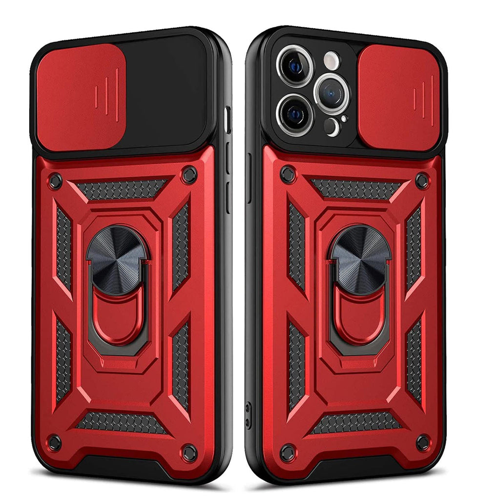 Kickstand Ring Holder With Slide Camera Cover Tpu Shockproof Case And Magnetic Car Mount For Apple Iphone 12 Pro Max In Red