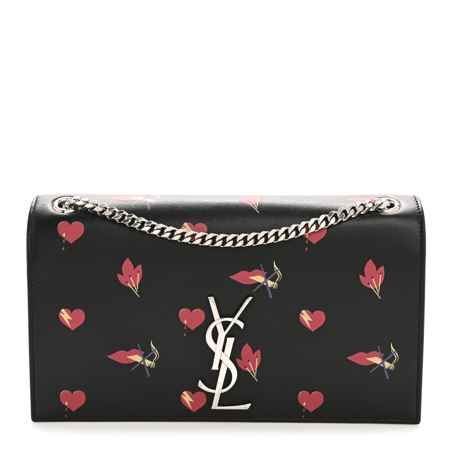 Calfskin Medium Heart Bolts Monogram Kate Satchel Black