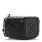 Lambskin Quilted Top Handle Mini Vanity Case With Chain Black Pink