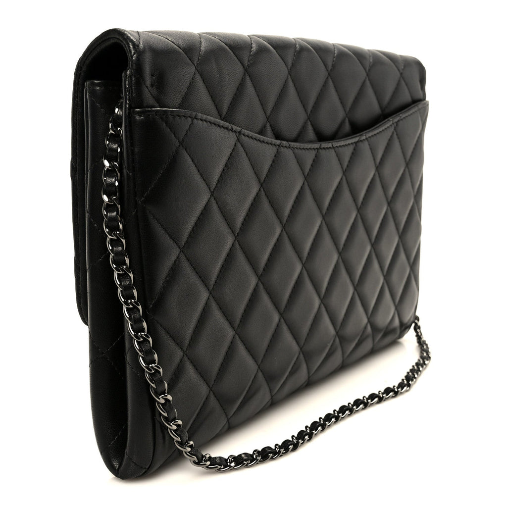 Lambskin Quilted Clutch With Chain Flap Black