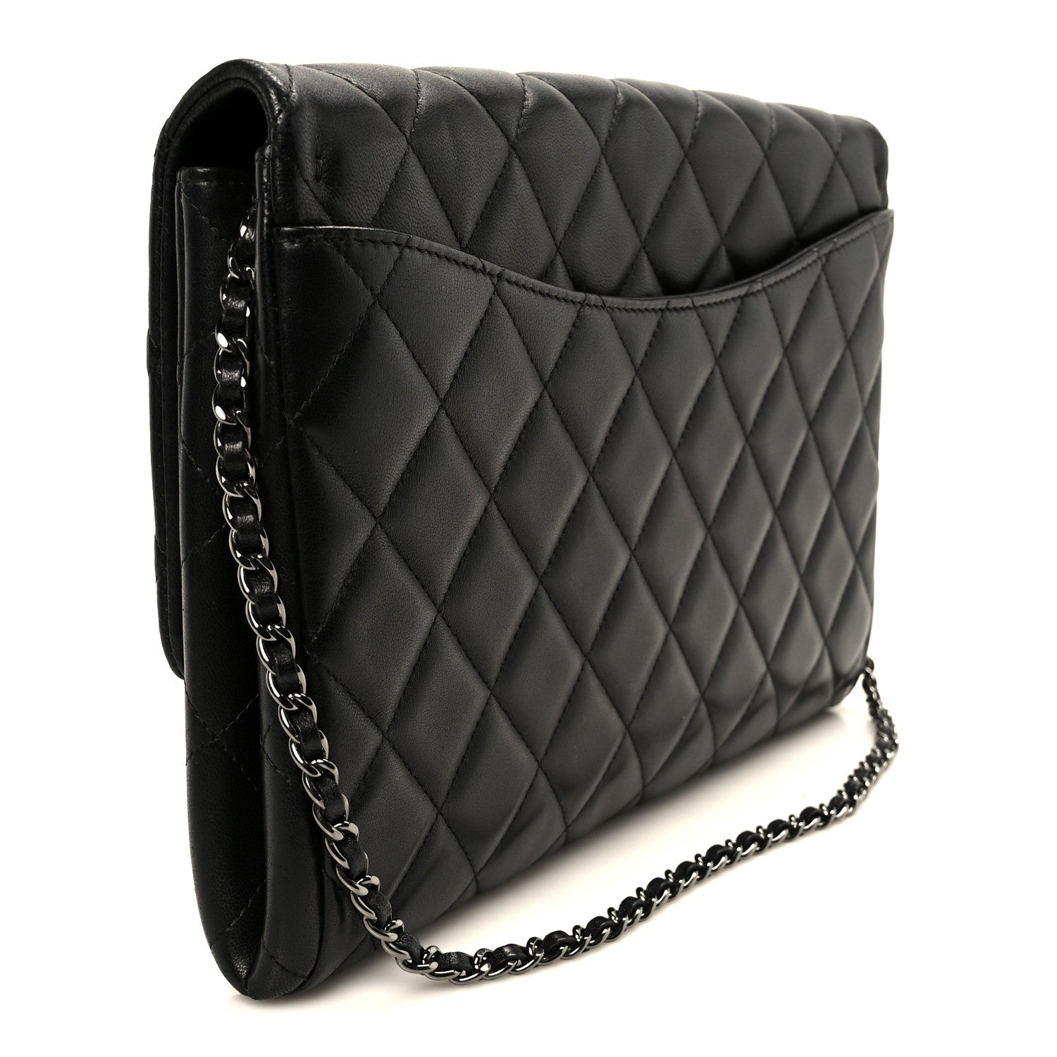 Lambskin Quilted Clutch With Chain Flap Black