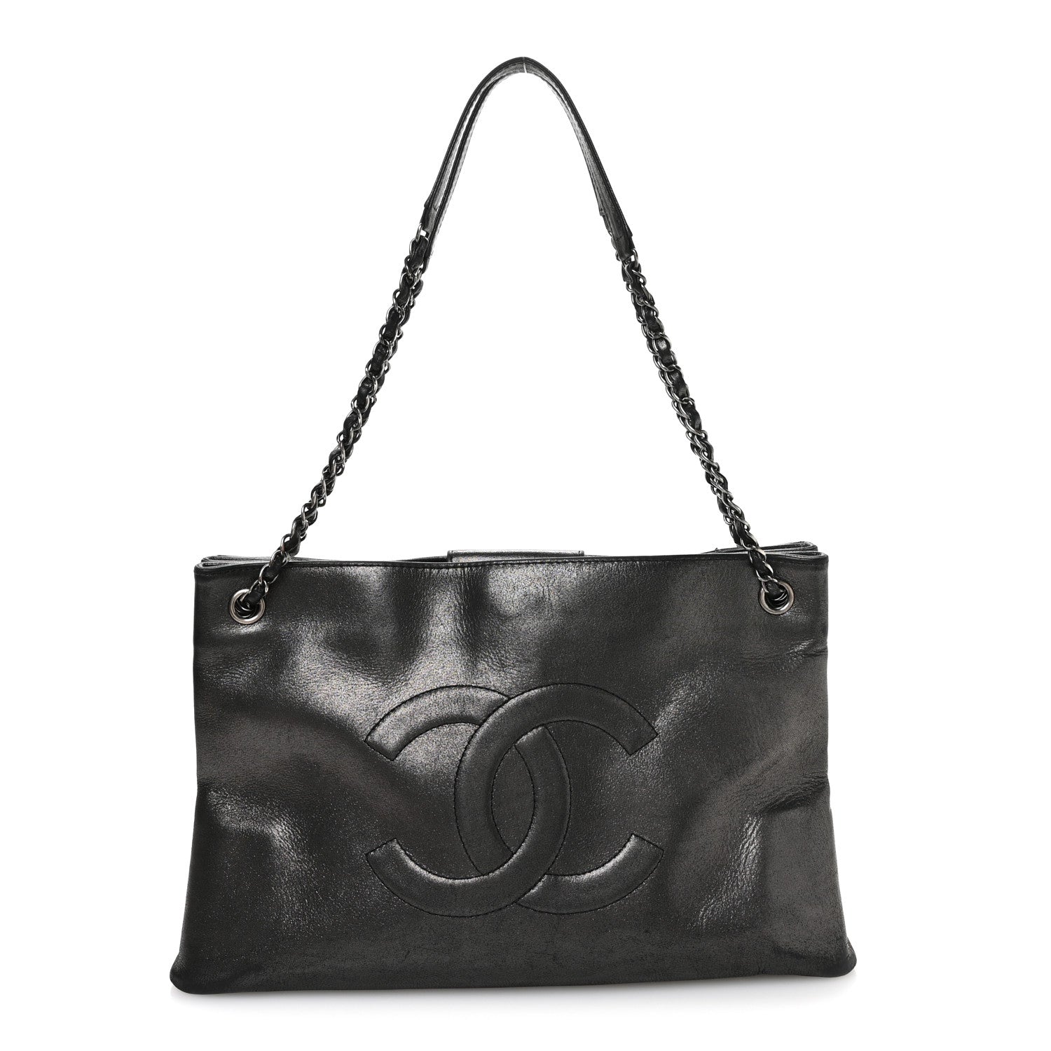 Iridescent Calfskin CC East West Shopping Tote Black