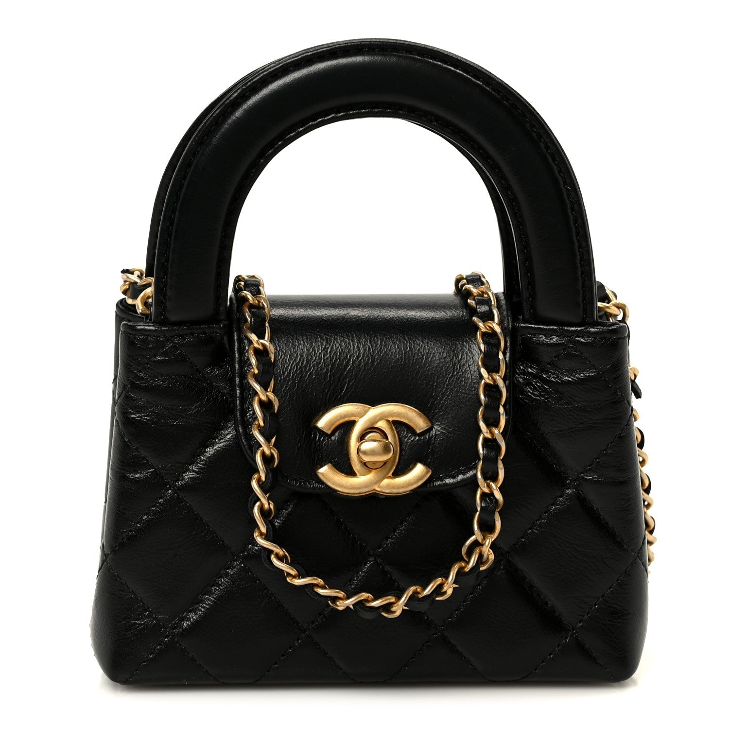 Shiny Aged Calfskin Quilted Mini Nano Kelly Shopper Black