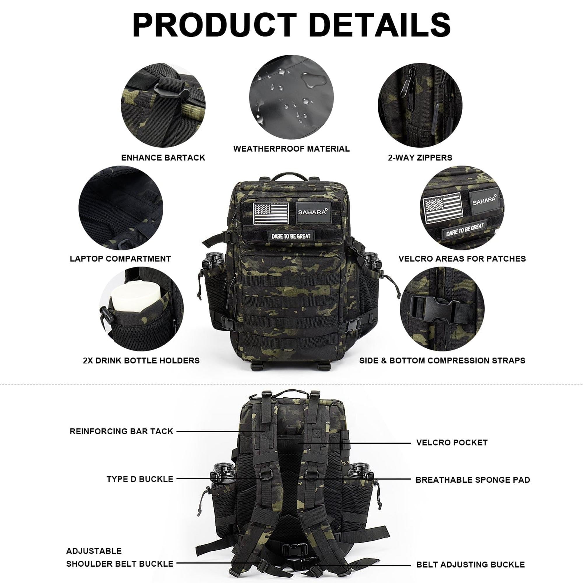 SAHARA - Raider Series Travel Bag & Laptop Backpack for Laptops up to 17.3-inch - Black Camo