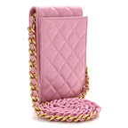 Lambskin Quilted Lacquered Chain Phone Holder With Chain Dark Pink