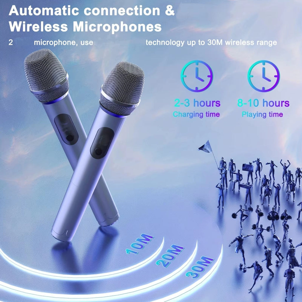 Professional Wireless Bluetooth Speaker and Karaoke System with Dual Microphones, LED Party Lights, and Remote Control