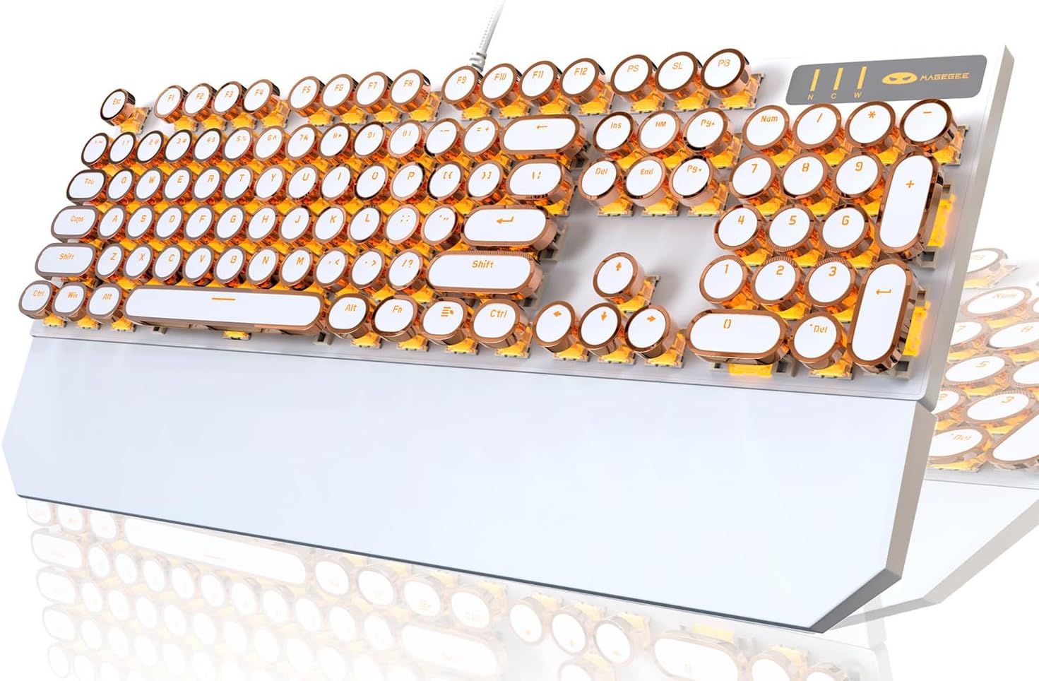 Typewriter Style Mechanical Keyboard, Retro Punk Gaming Keyboard with Gold LED Backlit, Cute Wired Keyboards,104 Keys Full Size Keyboards, Uique Round Keycaps for Windows/Mac/PC White Gold