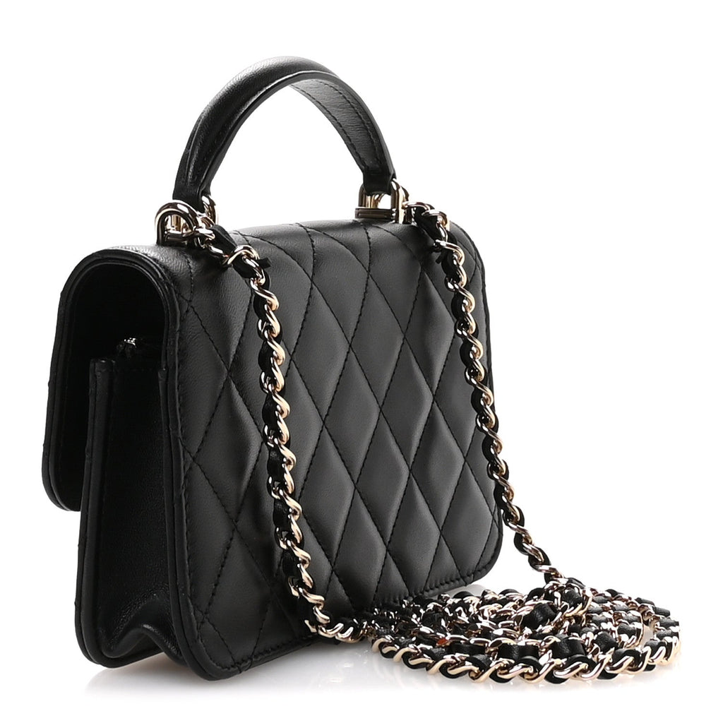 Lambskin Quilted Flap Phone Holder With Chain Black