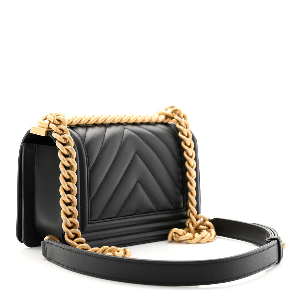 Calfskin Chevron Quilted Small Boy Flap Black