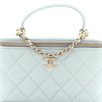 Lambskin Quilted Small Top Handle Vanity Case With Chain Light Blue