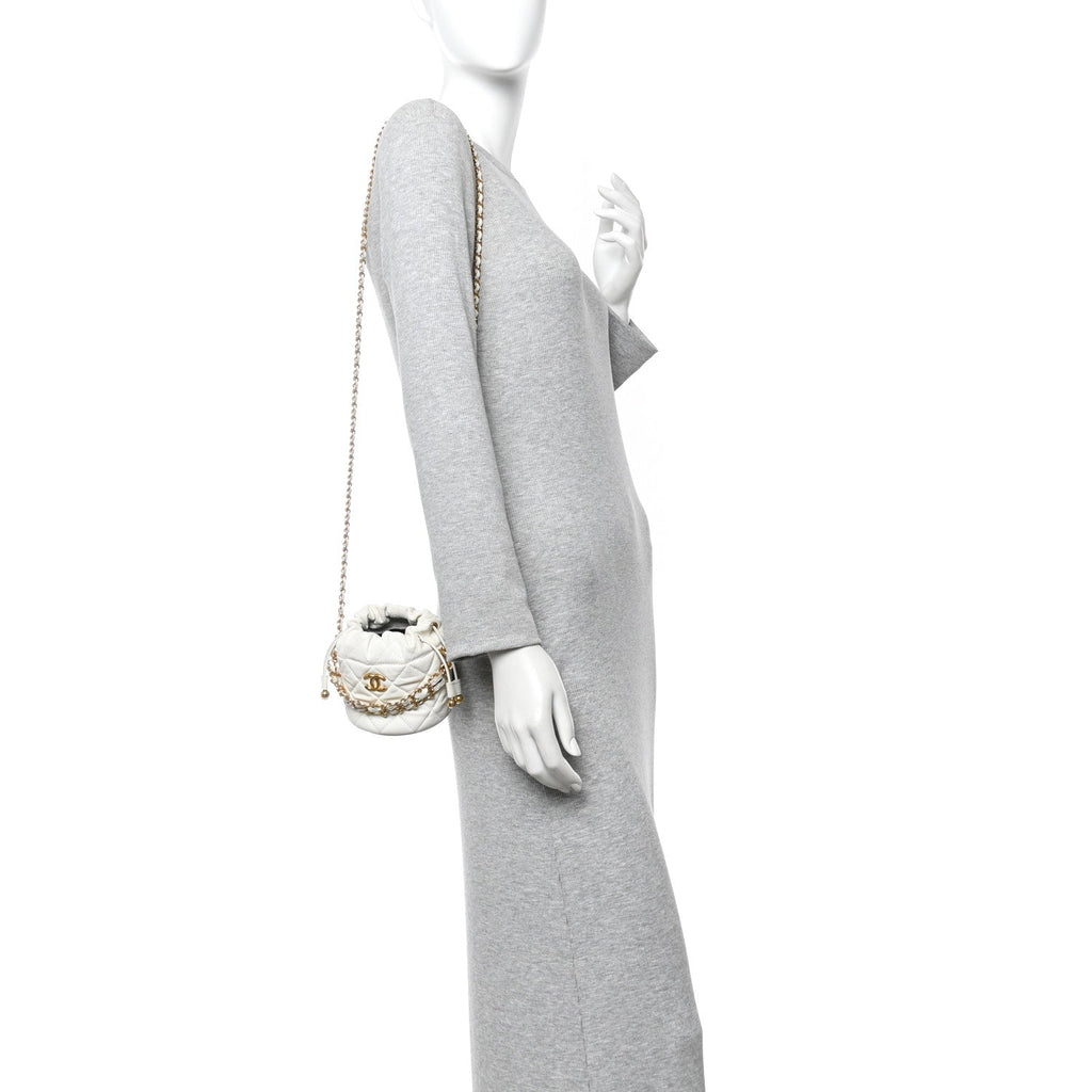 Caviar Quilted Coco First Bucket Clutch With Chain White
