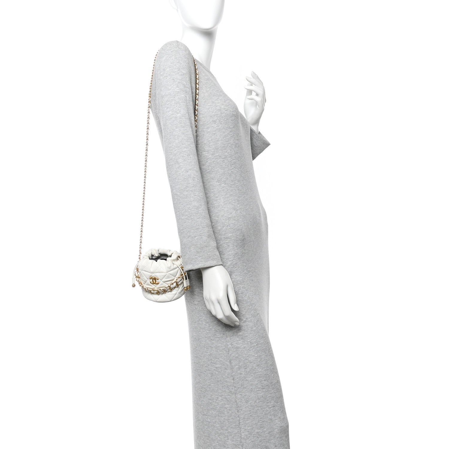Caviar Quilted Coco First Bucket Clutch With Chain White
