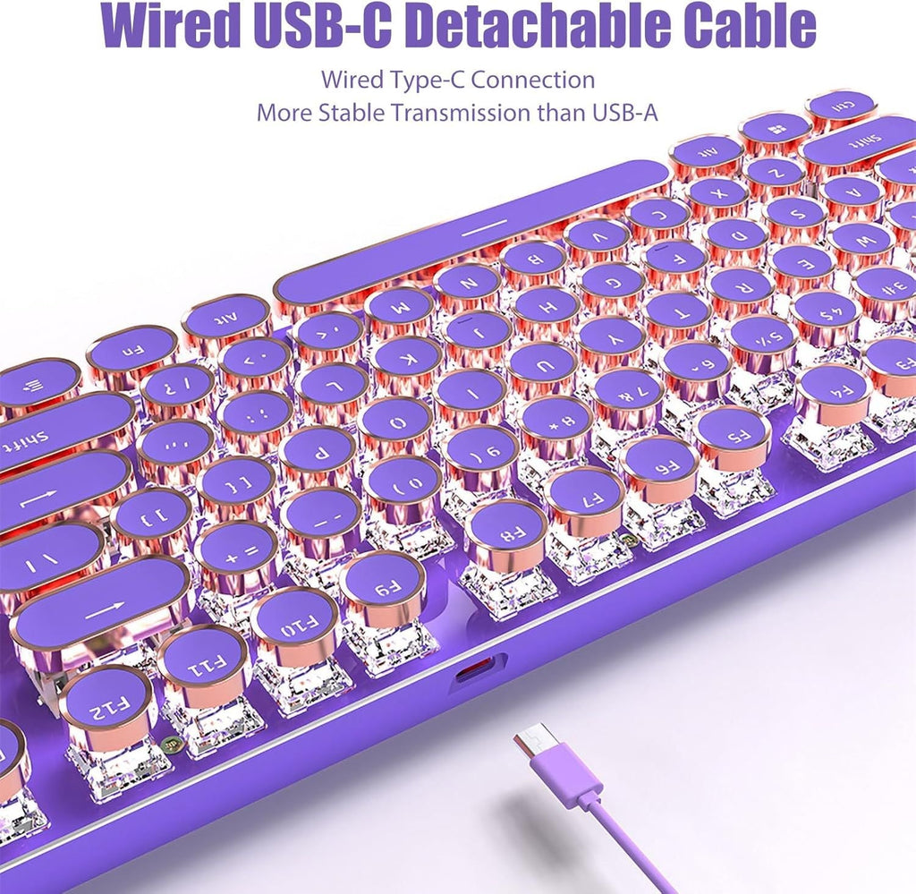 Typewriter Style Mechanical Gaming Keyboard White LED Backlit 104-Key NKRO Pink Switches Retro Round Keycaps Golden Ring Volume Knob Metal Panel Wired USB-C Detachable Cable, Purple