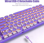 Typewriter Style Mechanical Gaming Keyboard White LED Backlit 104-Key NKRO Pink Switches Retro Round Keycaps Golden Ring Volume Knob Metal Panel Wired USB-C Detachable Cable, Purple