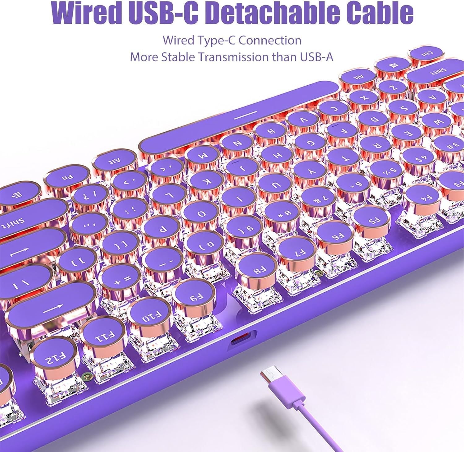 Typewriter Style Mechanical Gaming Keyboard White LED Backlit 104-Key NKRO Pink Switches Retro Round Keycaps Golden Ring Volume Knob Metal Panel Wired USB-C Detachable Cable, Purple
