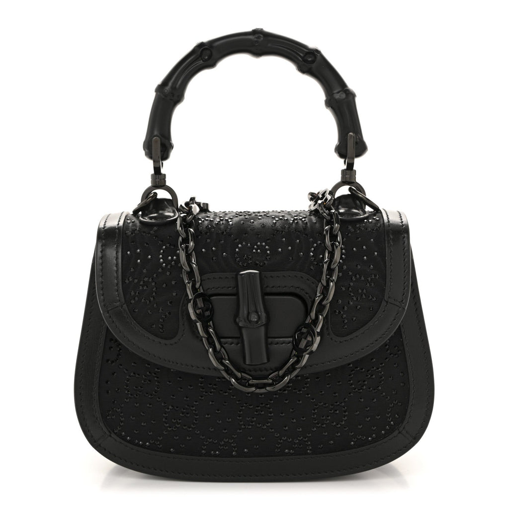 Moire Fabric Calfskin Rhinestone Monogram Monochrome Mini Bamboo 1947 Top Handle Chain Bag Black