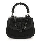 Moire Fabric Calfskin Rhinestone Monogram Monochrome Mini Bamboo 1947 Top Handle Chain Bag Black