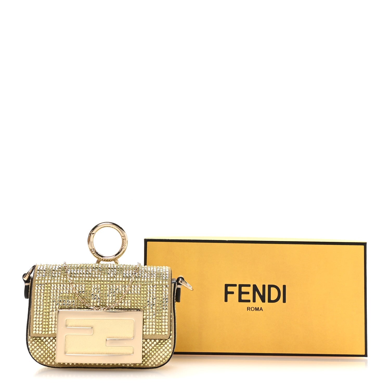 Crystal Vitello Laminato FF Nano Maxi Buckle Baguette Charm Light Gold
