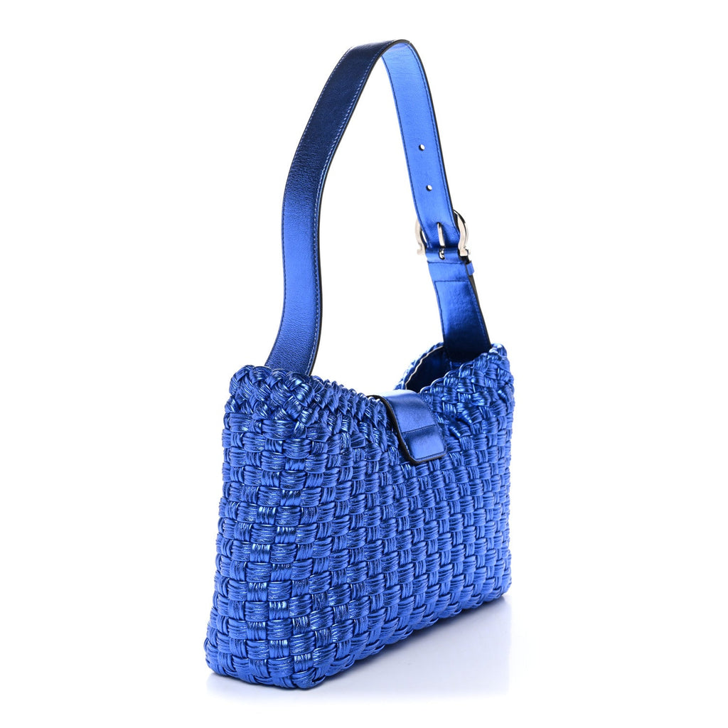 Metallic Woven Calfskin Trifolio Shoulder Bag Bluette