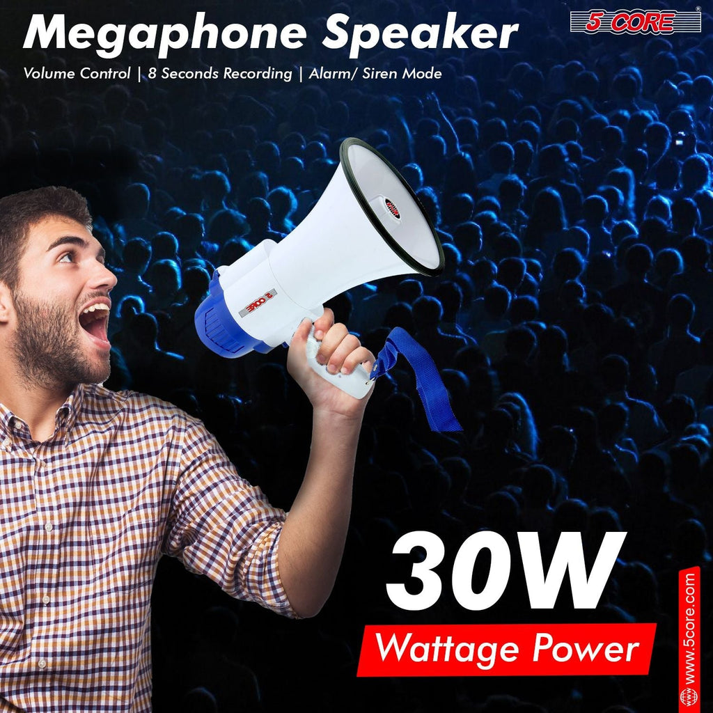 5 Core Megaphone 30W Bull Horn PA Speaker w 800 Yards Range Loud Siren Voice Amplifier Portable
