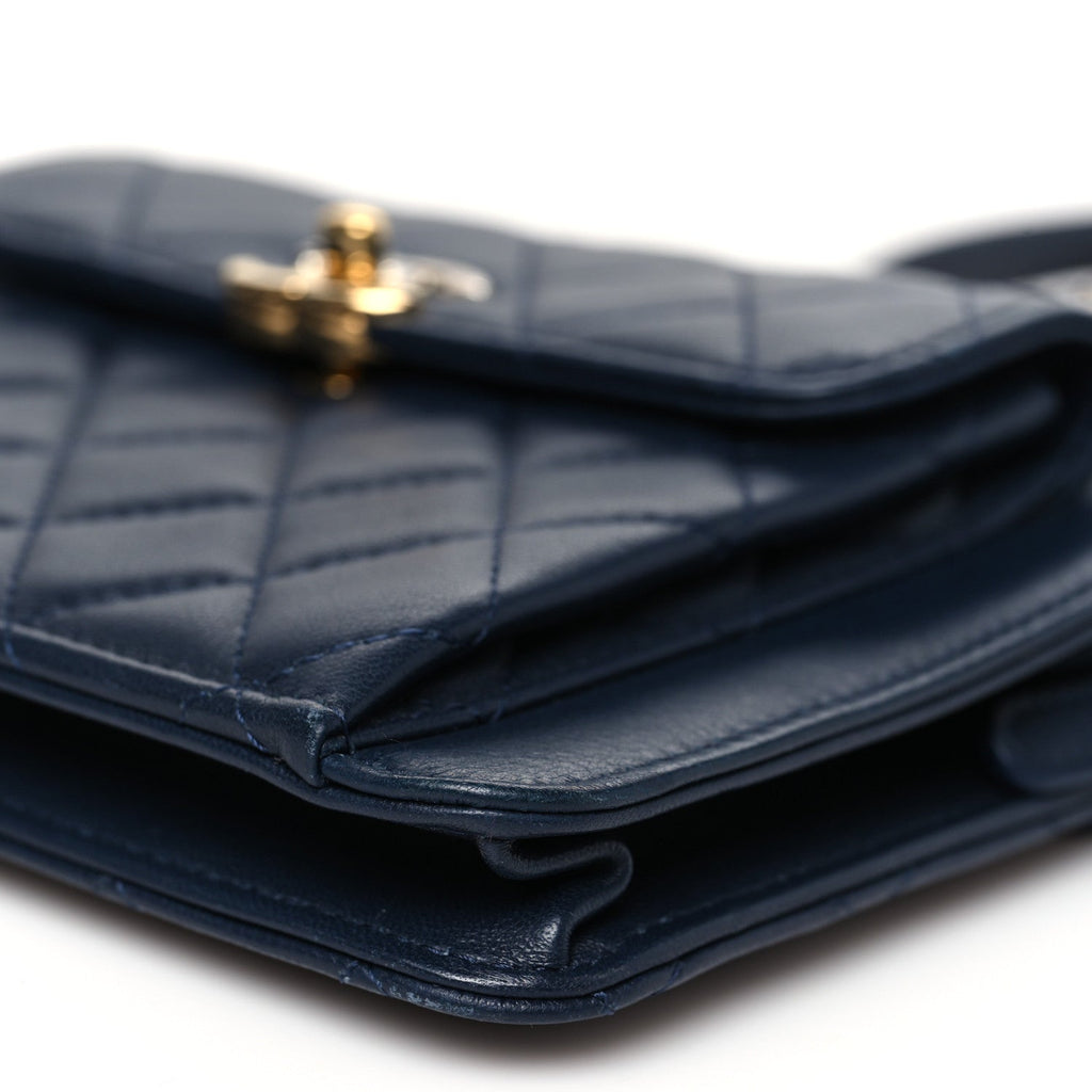Lambskin Quilted Square Front Pocket Clutch With Chain Navy Blue