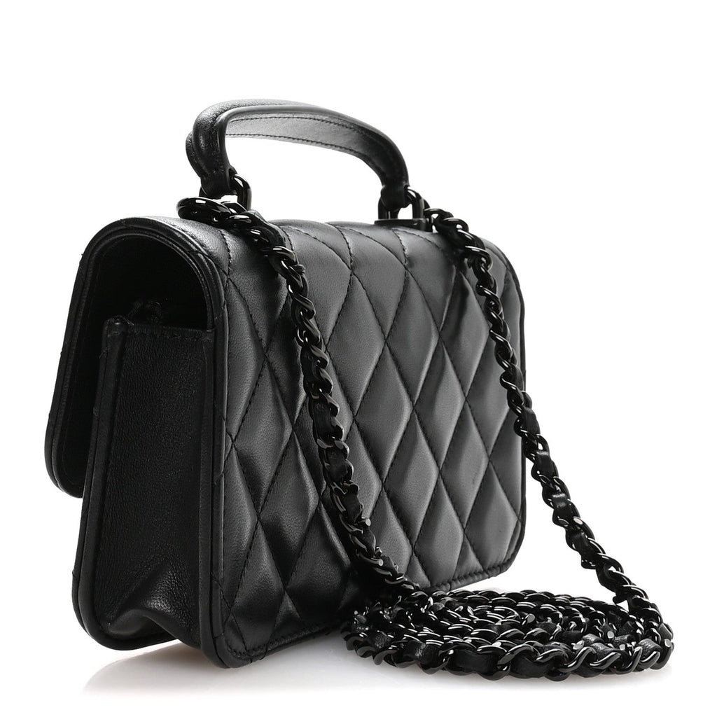 Lambskin Quilted Flap Phone Holder With Chain So Black