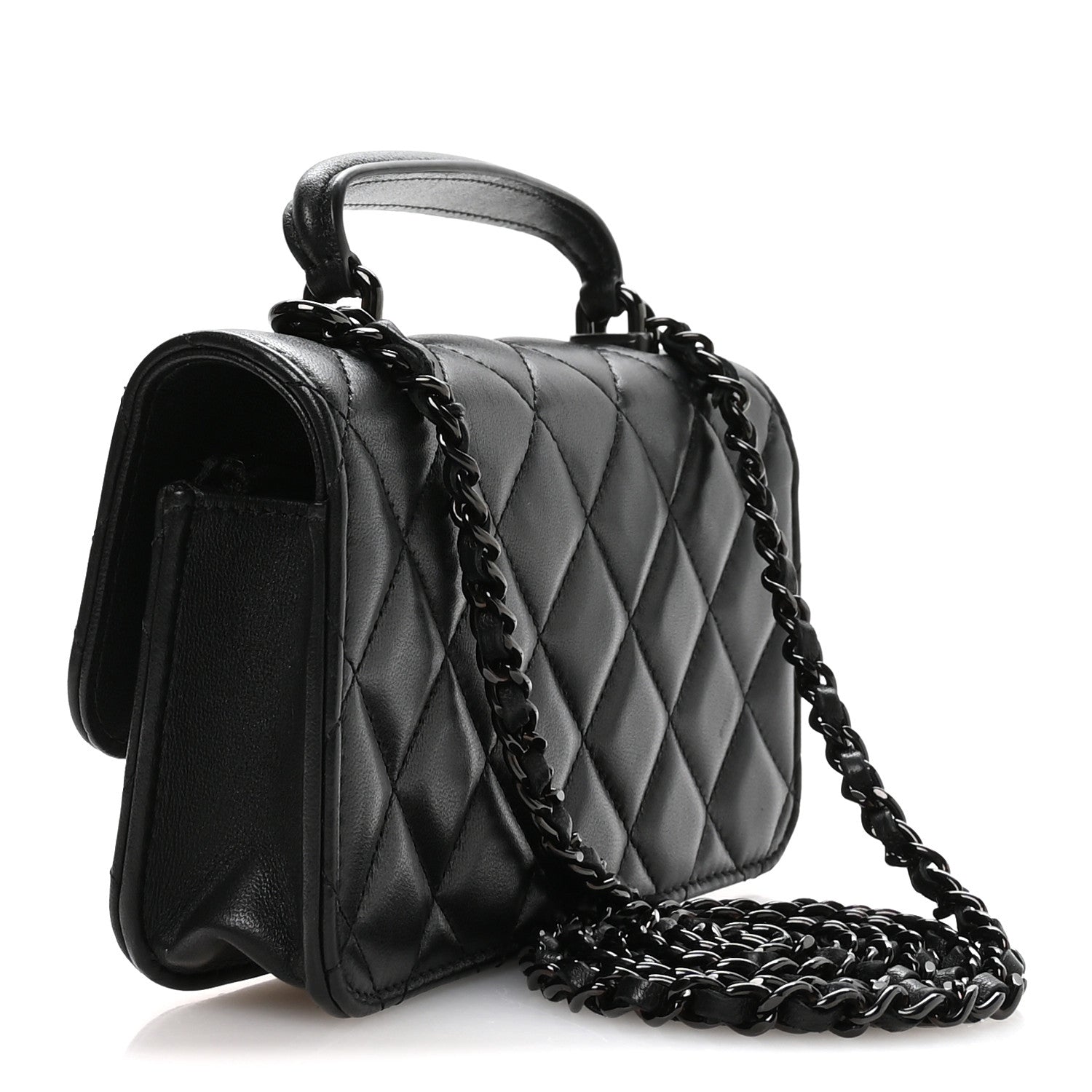 Lambskin Quilted Flap Phone Holder With Chain So Black