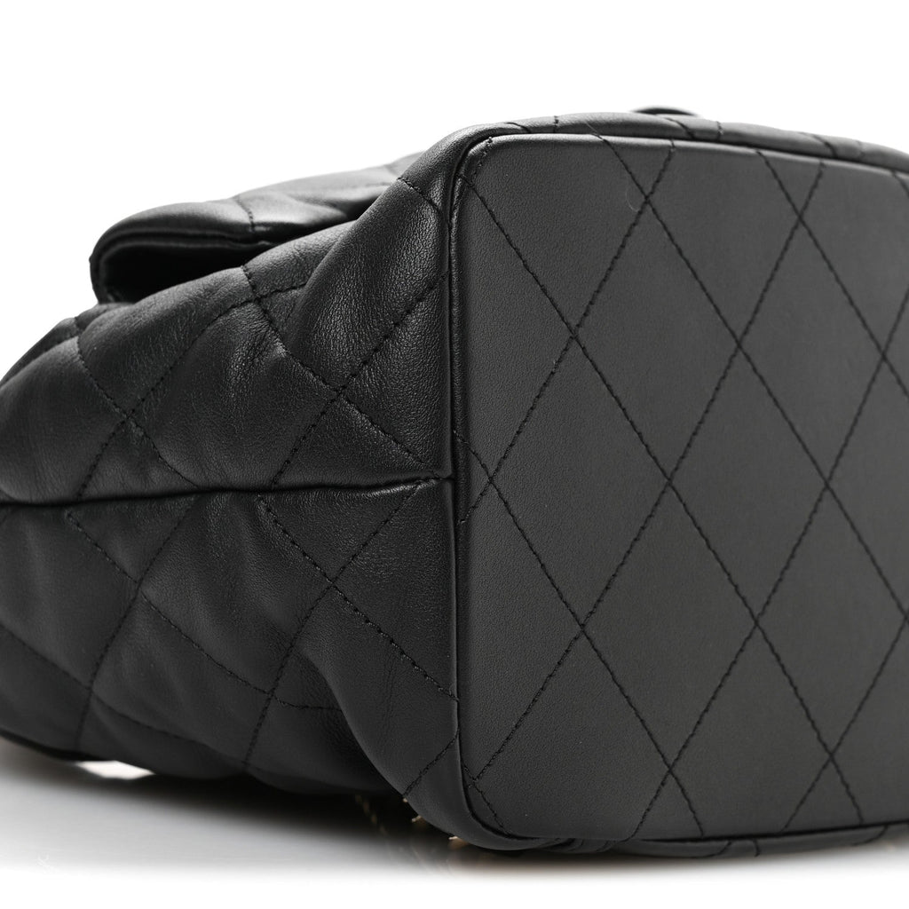 Lambskin Quilted Double Pocket Drawstring Backpack Black