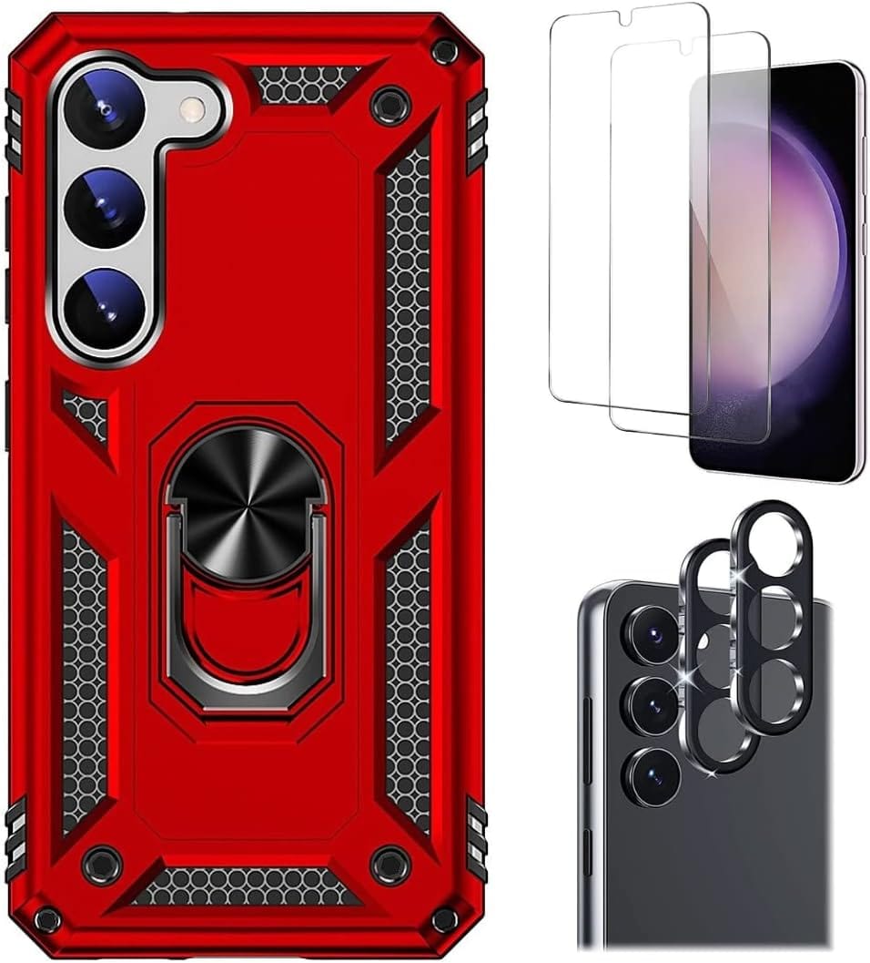 SAHARA - Bundle: Red Kickstand Series with Belt Clip Case with Tempered Glass Screen and Camera Protector - Samsung Galaxy S23