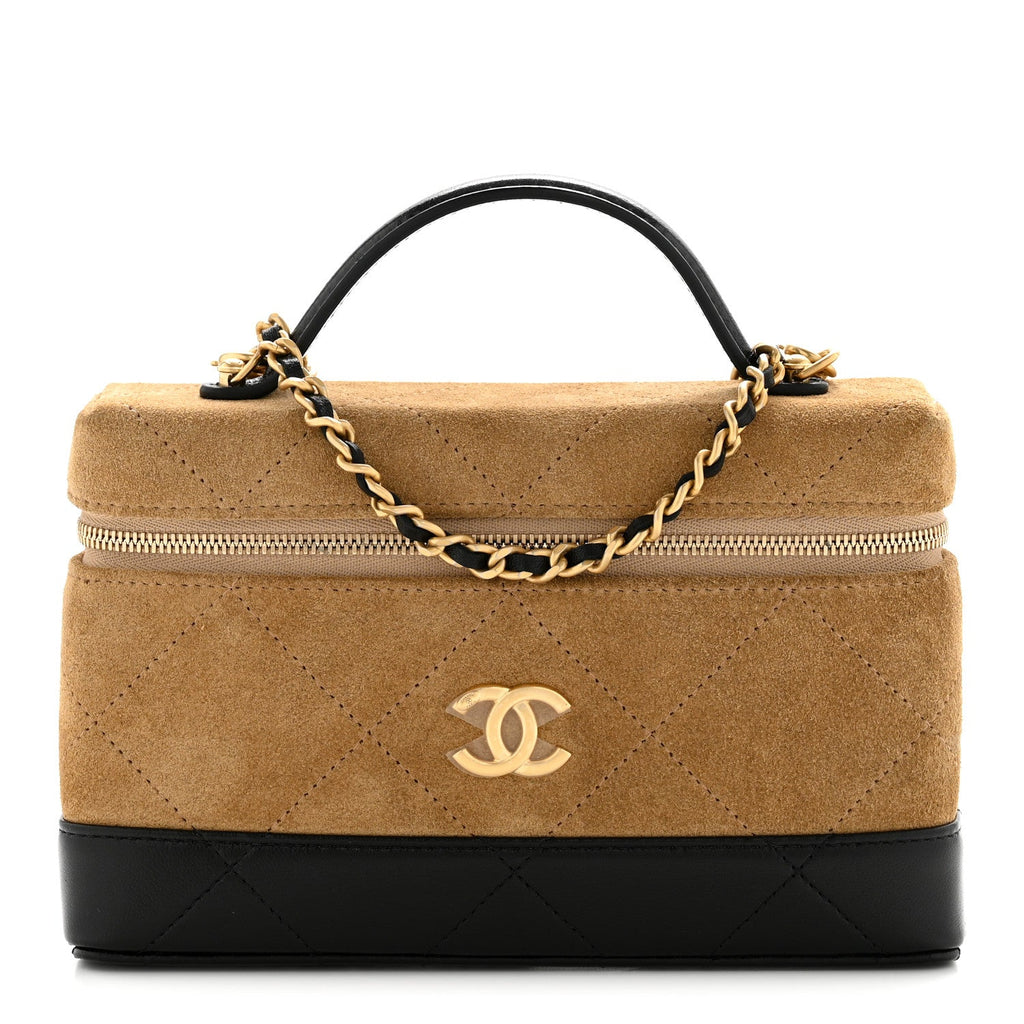 Suede Calfskin Shiny Lambskin Quilted Top Handle Slim Vanity Case With Chain Beige Black