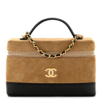 Suede Calfskin Shiny Lambskin Quilted Top Handle Slim Vanity Case With Chain Beige Black