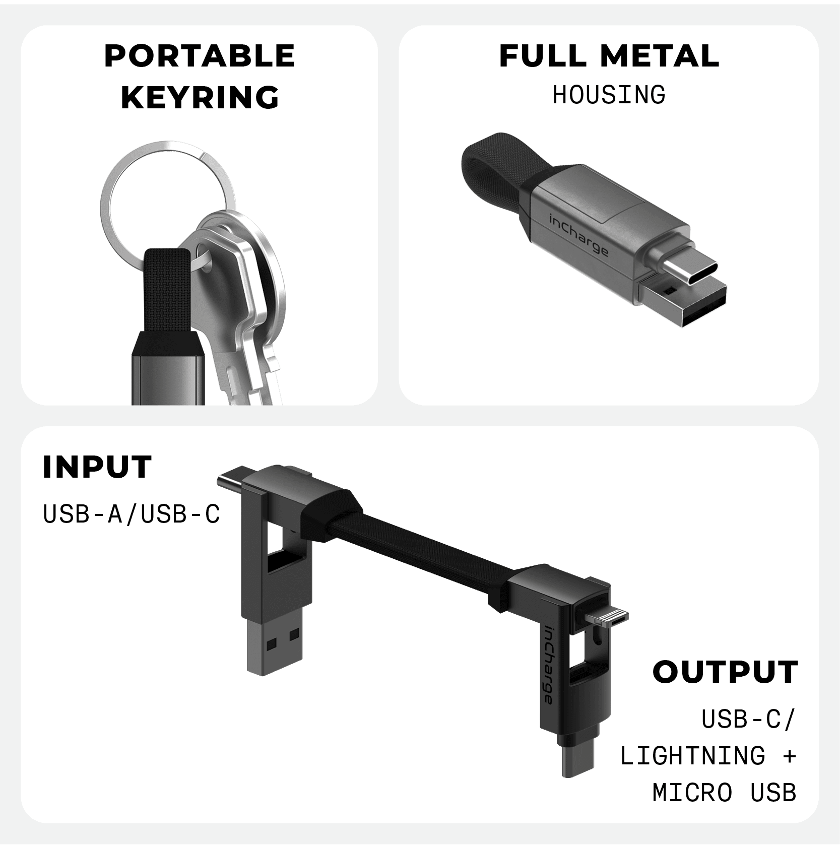 inCharge® 6 - 15W, 6in1 keyring cable