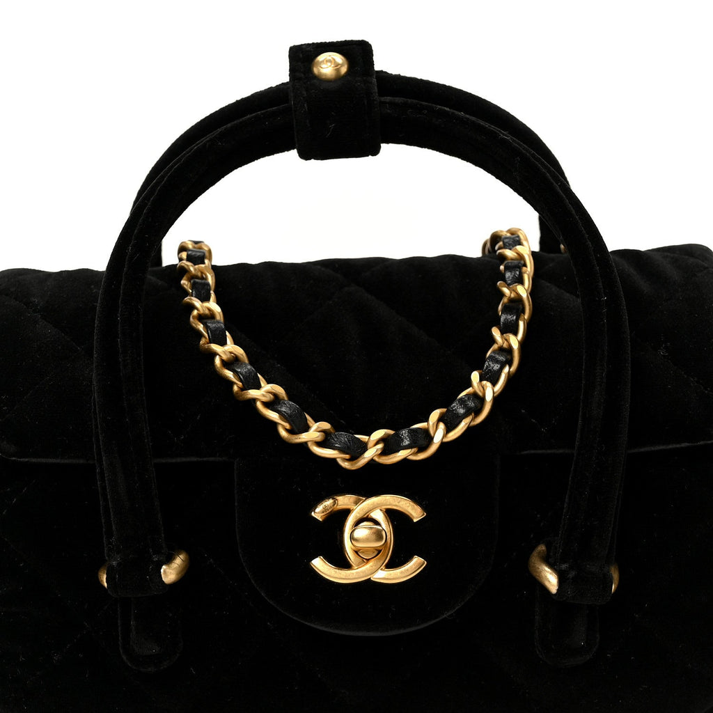 Velvet Quilted Mini Top Handle Flap Black