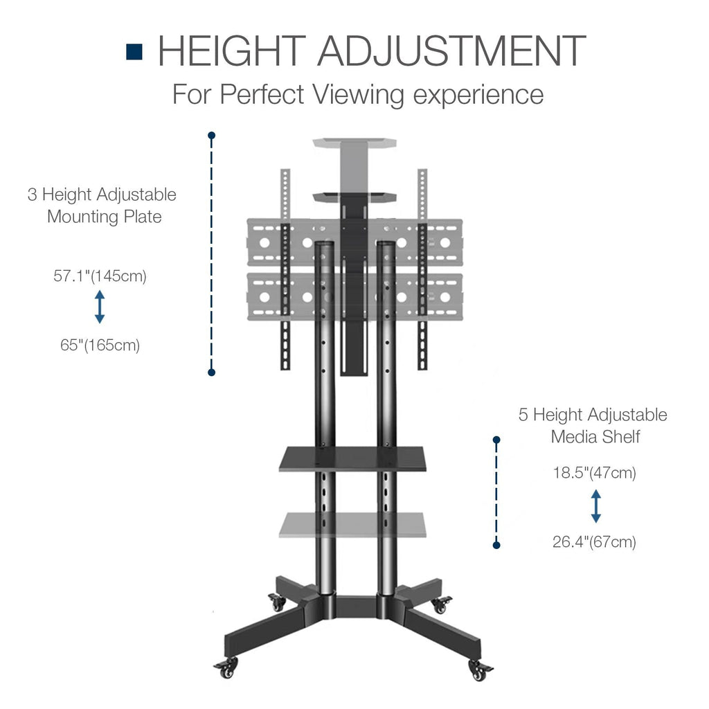 Mobile TV Stand on Wheels, 32-65 Inch TV Cart up to 132lbs with Adjustable Laptop Shelf and Top Tray for Flat Panel Curved Screen Rolling Floor TV Stand Max VESA 600*400mm