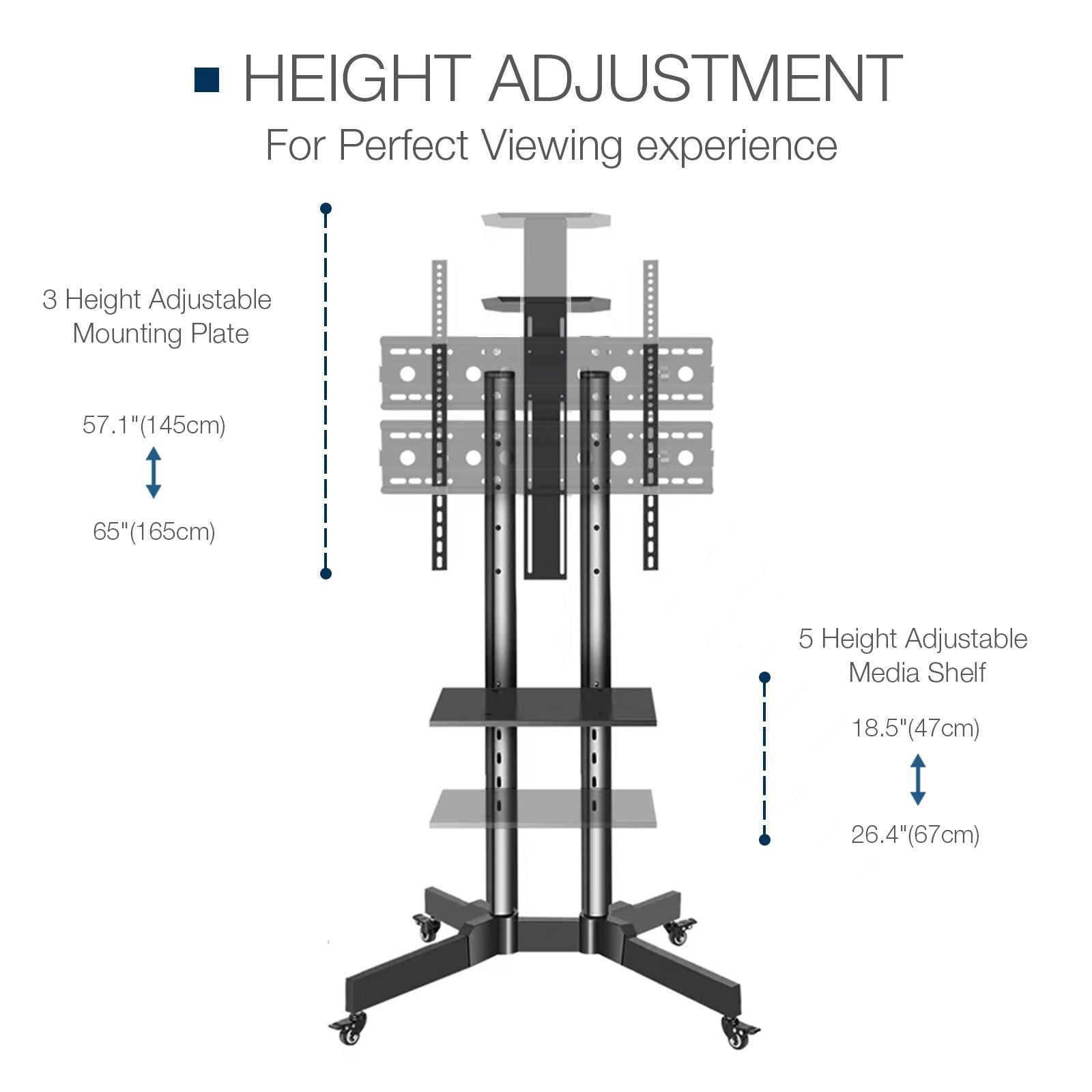 Mobile TV Stand on Wheels, 32-65 Inch TV Cart up to 132lbs with Adjustable Laptop Shelf and Top Tray for Flat Panel Curved Screen Rolling Floor TV Stand Max VESA 600*400mm