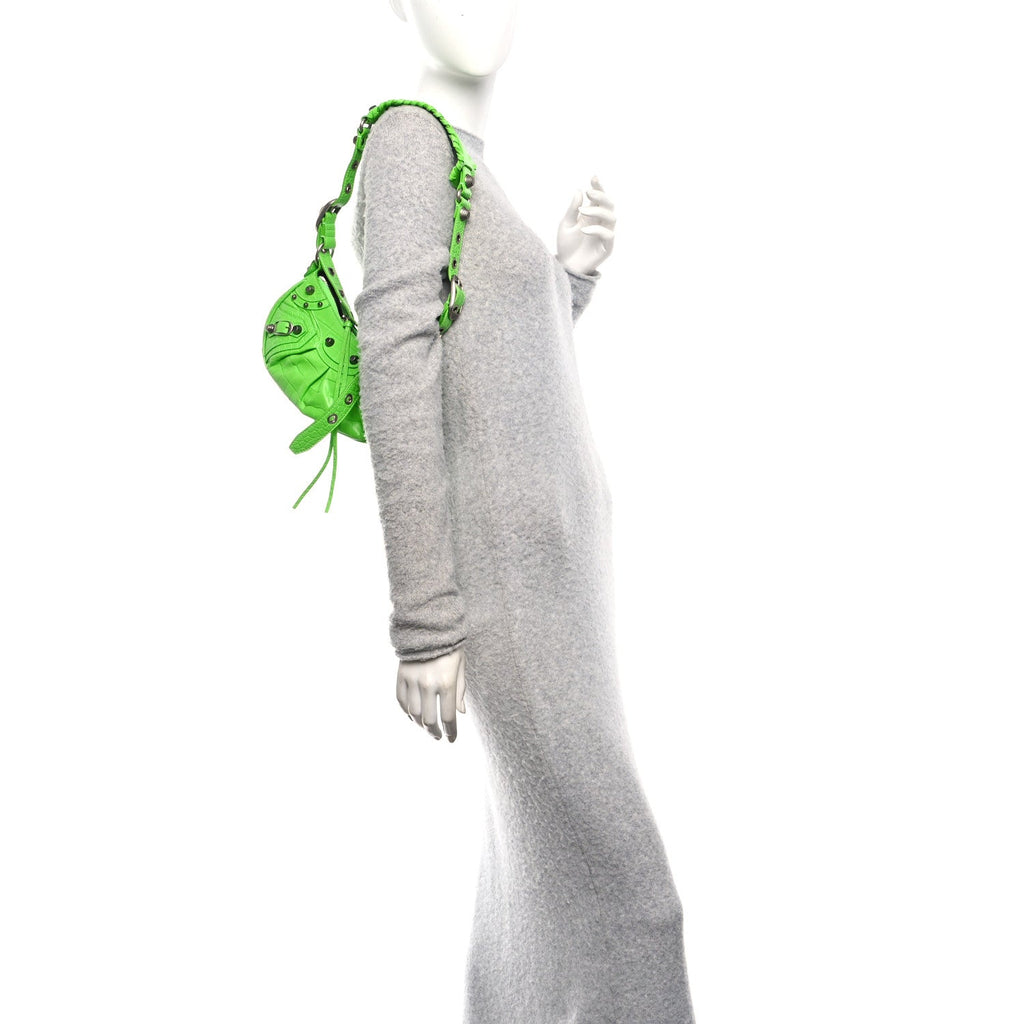 Extra Supple Calfskin Crocodile Embossed Le Cagole Shoulder Bag XS Acid Green