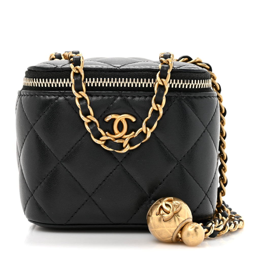 Lambskin Quilted Mini Pearl Crush Vanity Case With Chain Black